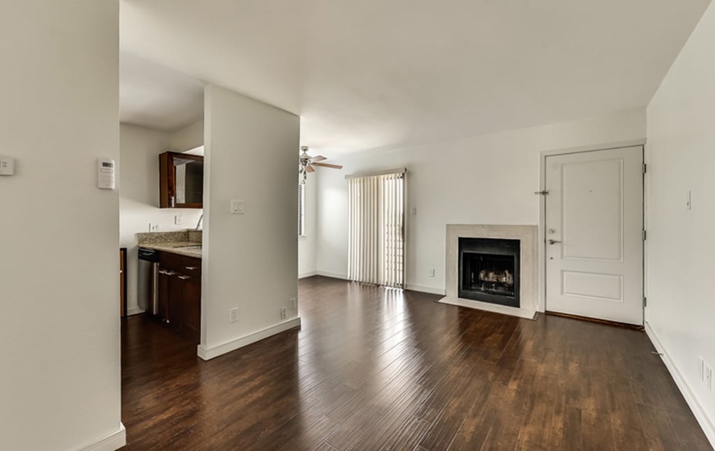 A modern apartment interior from our portfolio at Orand Capital features a spacious living area with dark hardwood floors, a white wall, and a built-in fireplace. The adjoining kitchen has stainless steel appliances and granite countertops. Sliding glass doors lead to an outdoor space.