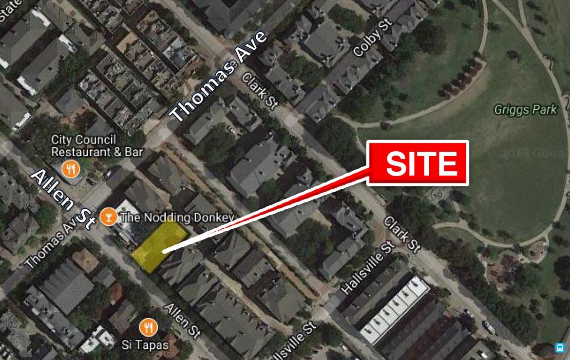 A satellite map from our portfolio at Orand Capital highlights a location labeled "SITE" in red, pinpointing a specific spot on Allen Street near the intersection with Thomas Avenue. Nearby landmarks include The Nodding Donkey, Griggs Park, and City Council Restaurant & Bar.